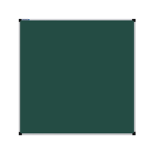 Load image into Gallery viewer, This image shows a square green chalkboard with a silver frame. The corners of the frame are reinforced with black plastic. The chalkboard has a tray at the bottom for holding chalk and erasers.
