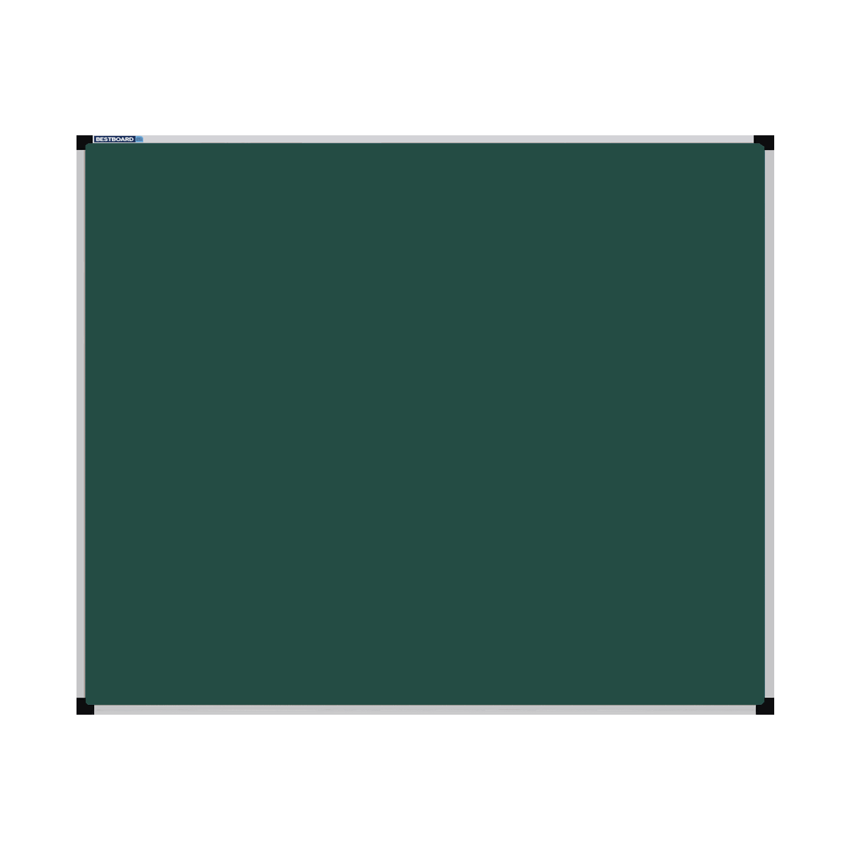 This image shows a rectangular green chalkboard with a silver frame. The corners of the frame are reinforced with black plastic. The chalkboard has a tray at the bottom for holding chalk and erasers.