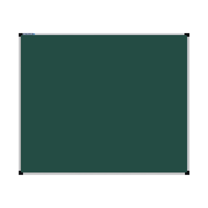 This image shows a rectangular green chalkboard with a silver frame. The corners of the frame are reinforced with black plastic. The chalkboard has a tray at the bottom for holding chalk and erasers.
