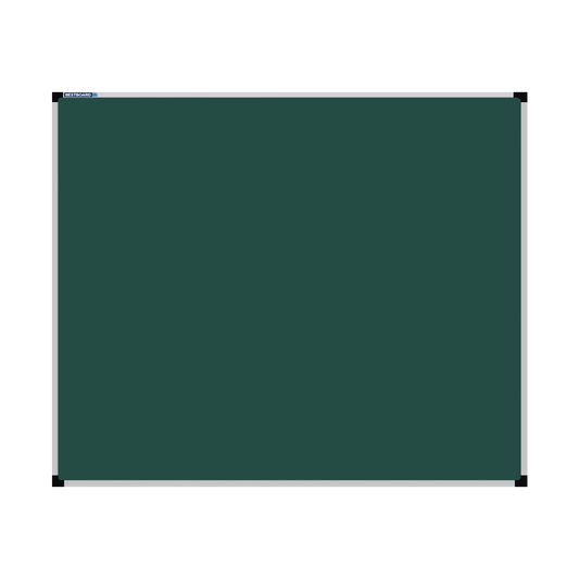 This image shows a rectangular green chalkboard with a silver frame. The corners of the frame are reinforced with black plastic. The chalkboard has a tray at the bottom for holding chalk and erasers.