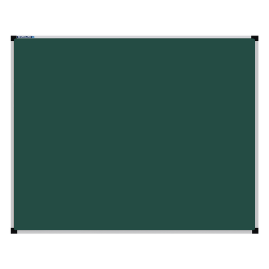 his image shows a rectangular green chalkboard with a silver frame. The corners of the frame are reinforced with black plastic. The chalkboard has a tray at the bottom for holding chalk and erasers