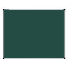 Load image into Gallery viewer, his image shows a rectangular green chalkboard with a silver frame. The corners of the frame are reinforced with black plastic. The chalkboard has a tray at the bottom for holding chalk and erasers
