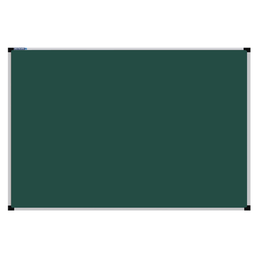 This image shows a rectangular green chalkboard with a silver frame. The corners of the frame are reinforced with black plastic. The chalkboard has a tray at the bottom for holding chalk and erasers.