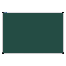 Load image into Gallery viewer, This image shows a rectangular green chalkboard with a silver frame. The corners of the frame are reinforced with black plastic. The chalkboard has a tray at the bottom for holding chalk and erasers.
