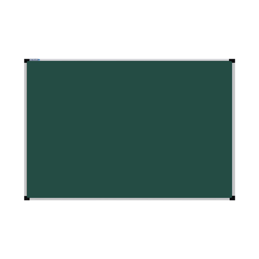 This image shows a rectangular green chalkboard with a silver frame. The corners of the frame are reinforced with black plastic. The chalkboard has a tray at the bottom for holding chalk and erasers.