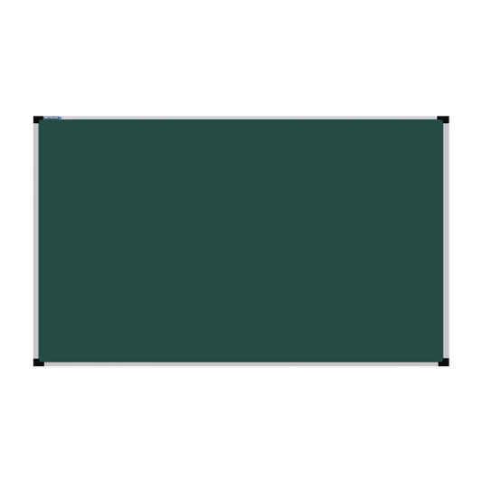 This image shows a rectangular green chalkboard with a silver frame. The corners of the frame are reinforced with black plastic. The chalkboard has a tray at the bottom for holding chalk and erasers.