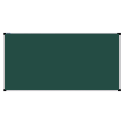 This image shows a rectangular green chalkboard with a silver frame. The corners of the frame are reinforced with black plastic. The chalkboard has a tray at the bottom for holding chalk and erasers.