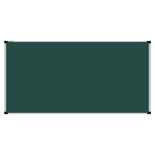 This image shows a rectangular green chalkboard with a silver frame. The corners of the frame are reinforced with black plastic. The chalkboard has a tray at the bottom for holding chalk and erasers.