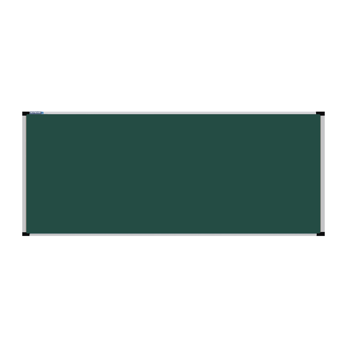 This image shows a rectangular green chalkboard with a silver frame. The corners of the frame are reinforced with black plastic. The chalkboard has a tray at the bottom for holding chalk and erasers.