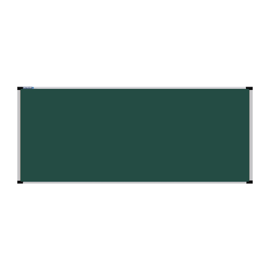 This image shows a rectangular green chalkboard with a silver frame. The corners of the frame are reinforced with black plastic. The chalkboard has a tray at the bottom for holding chalk and erasers.