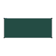 Load image into Gallery viewer, This image shows a rectangular green chalkboard with a silver frame. The corners of the frame are reinforced with black plastic. The chalkboard has a tray at the bottom for holding chalk and erasers.
