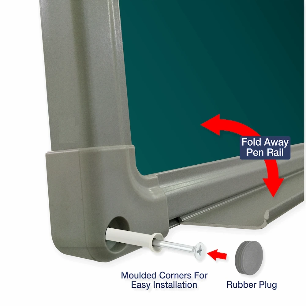 Green chalkboard with foldable pen rail and mounting components on a white background
