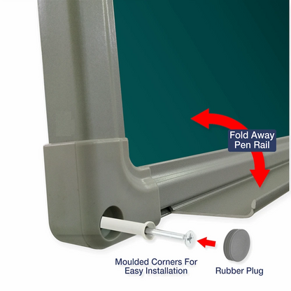 Green chalkboard with foldable pen rail and mounting components on a white background