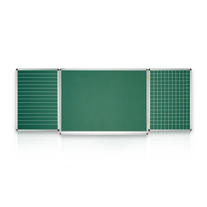 Three-panel folding green chalkboard with aluminum frame. Features lined, plain, and grid surfaces for versatile classroom teaching and presentations.