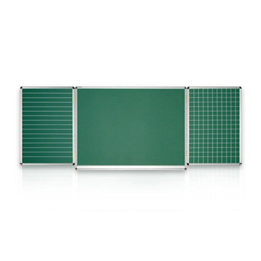 Three-panel folding green chalkboard with aluminum frame. Features lined, plain, and grid surfaces for versatile classroom teaching and presentations.