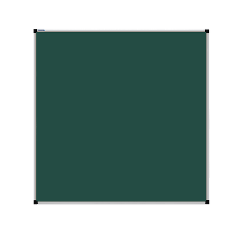 This image shows a square green chalkboard with a silver frame. The corners of the frame are reinforced with black plastic. The chalkboard has a tray at the bottom for holding chalk and erasers.