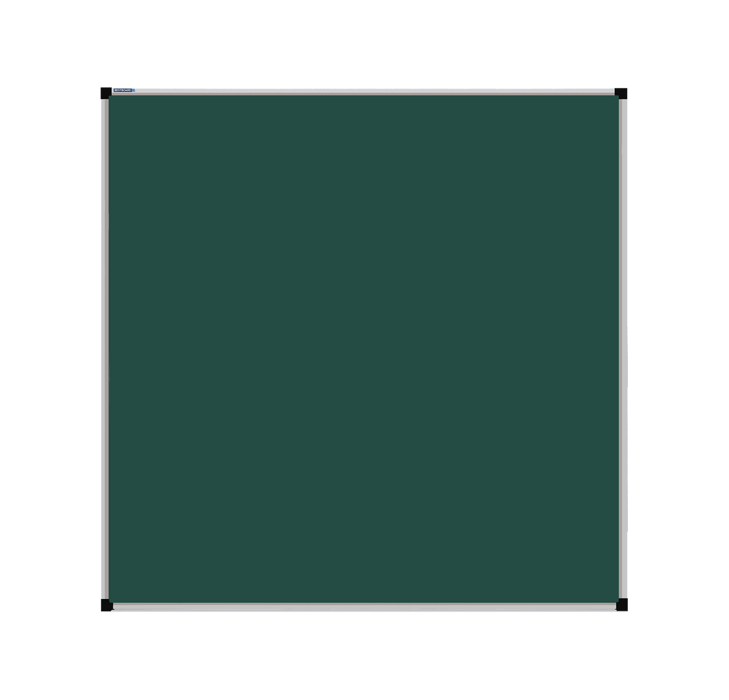 This image shows a square green chalkboard with a silver frame. The corners of the frame are reinforced with black plastic. The chalkboard has a tray at the bottom for holding chalk and erasers.