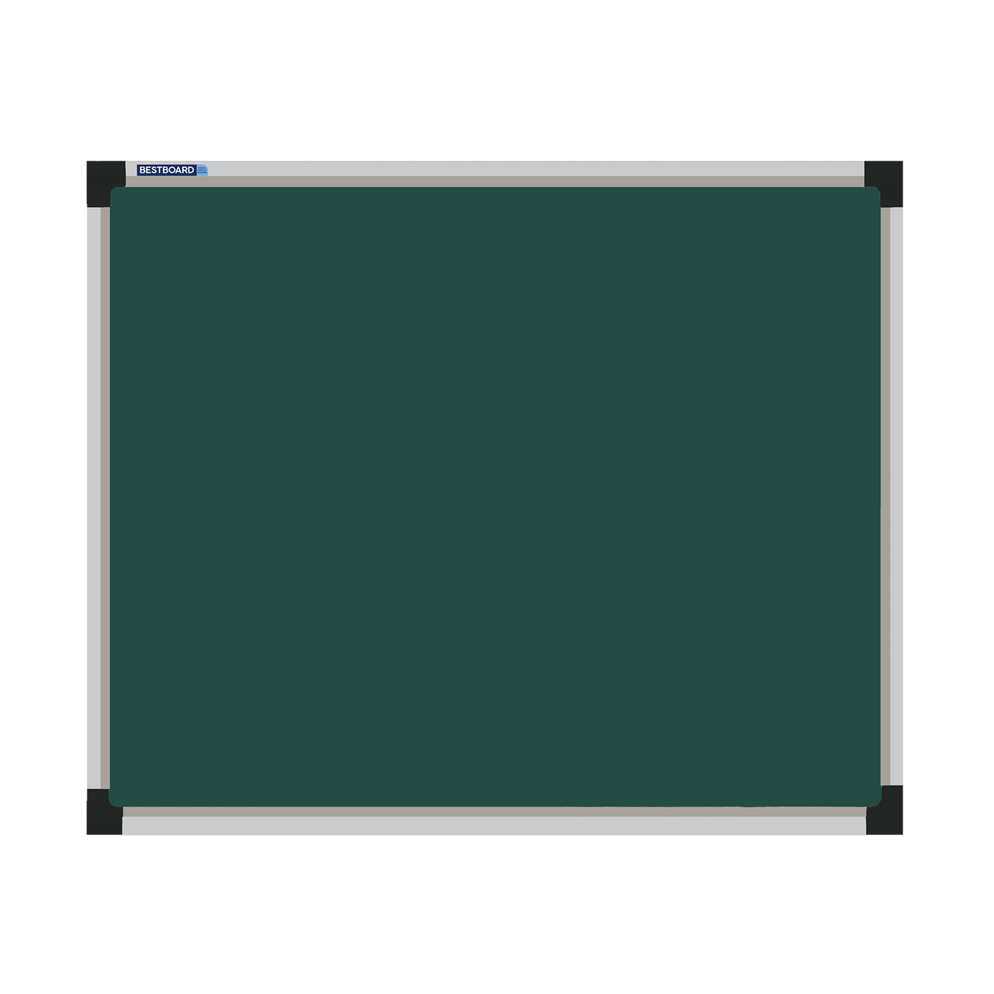 This image shows a rectangular green chalkboard with a silver frame. The corners of the frame are reinforced with black plastic. The chalkboard has a tray at the bottom for holding chalk and erasers.