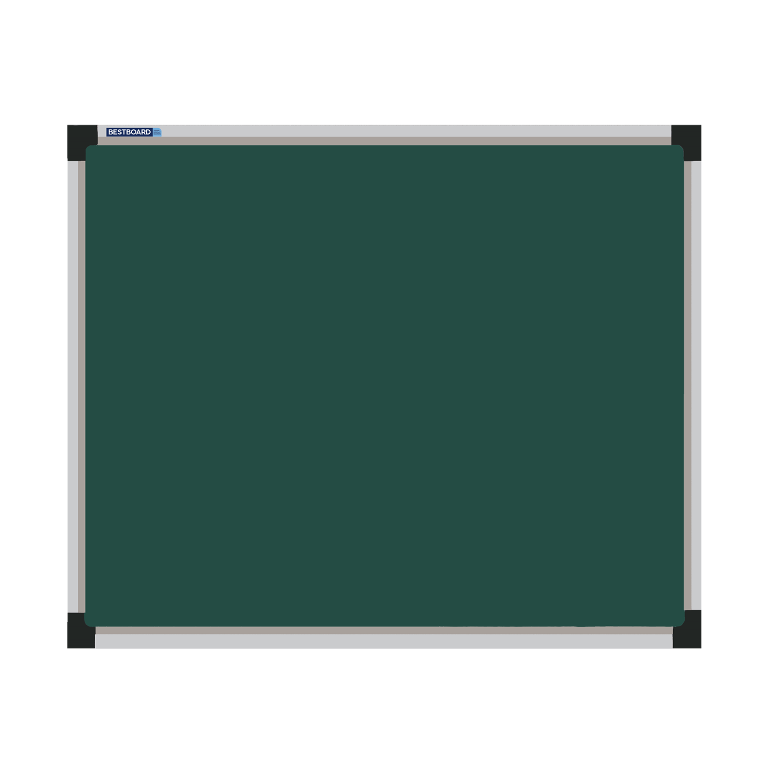 This image shows a rectangular green chalkboard with a silver frame. The corners of the frame are reinforced with black plastic. The chalkboard has a tray at the bottom for holding chalk and erasers.