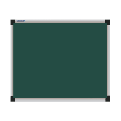 This image shows a rectangular green chalkboard with a silver frame. The corners of the frame are reinforced with black plastic. The chalkboard has a tray at the bottom for holding chalk and erasers.