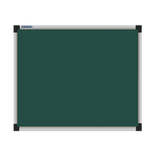 Load image into Gallery viewer, This image shows a rectangular green chalkboard with a silver frame. The corners of the frame are reinforced with black plastic. The chalkboard has a tray at the bottom for holding chalk and erasers.
