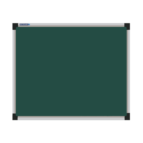 This image shows a rectangular green chalkboard with a silver frame. The corners of the frame are reinforced with black plastic. The chalkboard has a tray at the bottom for holding chalk and erasers.