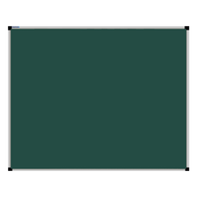 Load image into Gallery viewer, This image shows a rectangular green chalkboard with a silver frame. The corners of the frame are reinforced with black plastic. The chalkboard has a tray at the bottom for holding chalk and erasers.
