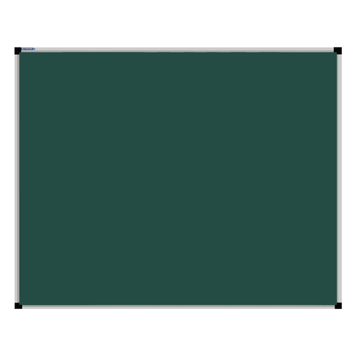 This image shows a rectangular green chalkboard with a silver frame. The corners of the frame are reinforced with black plastic. The chalkboard has a tray at the bottom for holding chalk and erasers.