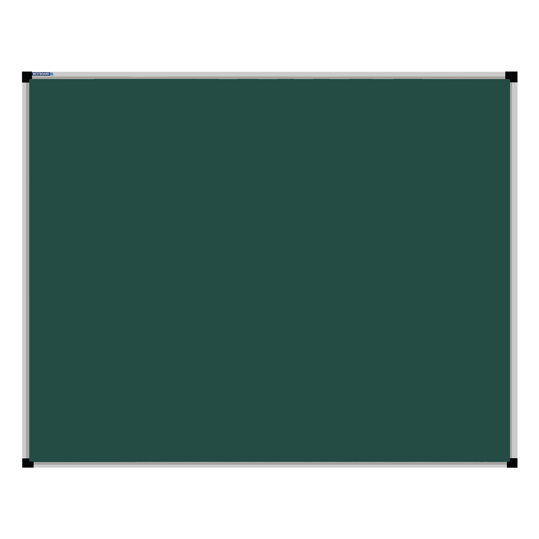 This image shows a rectangular green chalkboard with a silver frame. The corners of the frame are reinforced with black plastic. The chalkboard has a tray at the bottom for holding chalk and erasers.