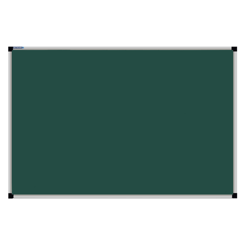 This image shows a rectangular green chalkboard with a silver frame. The corners of the frame are reinforced with black plastic. The chalkboard has a tray at the bottom for holding chalk and erasers.