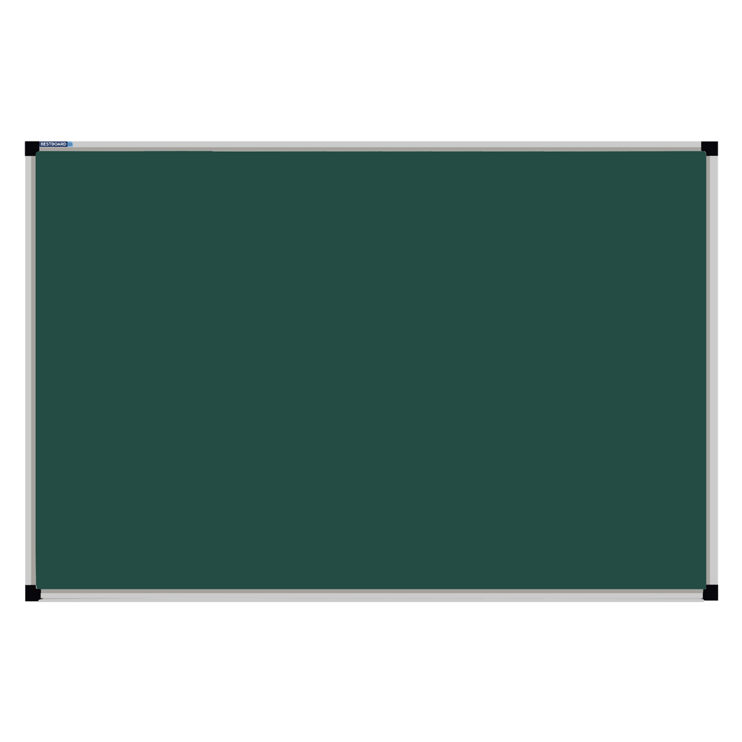 This image shows a rectangular green chalkboard with a silver frame. The corners of the frame are reinforced with black plastic. The chalkboard has a tray at the bottom for holding chalk and erasers.