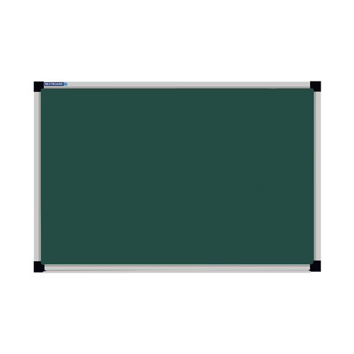 This image shows a rectangular green chalkboard with a silver frame. The corners of the frame are reinforced with black plastic. The chalkboard has a tray at the bottom for holding chalk and erasers.