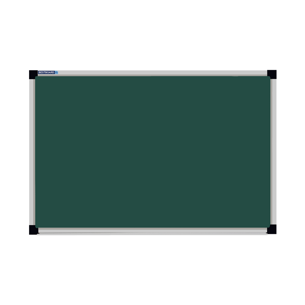 This image shows a rectangular green chalkboard with a silver frame. The corners of the frame are reinforced with black plastic. The chalkboard has a tray at the bottom for holding chalk and erasers.