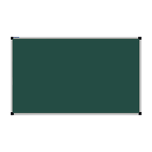 Load image into Gallery viewer, This image shows a rectangular green chalkboard with a silver frame. The corners of the frame are reinforced with black plastic. The chalkboard has a tray at the bottom for holding chalk and erasers.
