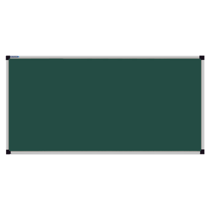 This image shows a rectangular green chalkboard with a silver frame. The corners of the frame are reinforced with black plastic. The chalkboard has a tray at the bottom for holding chalk and erasers.