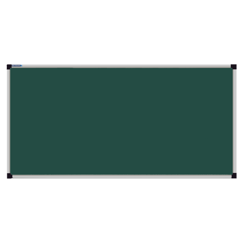 This image shows a rectangular green chalkboard with a silver frame. The corners of the frame are reinforced with black plastic. The chalkboard has a tray at the bottom for holding chalk and erasers.