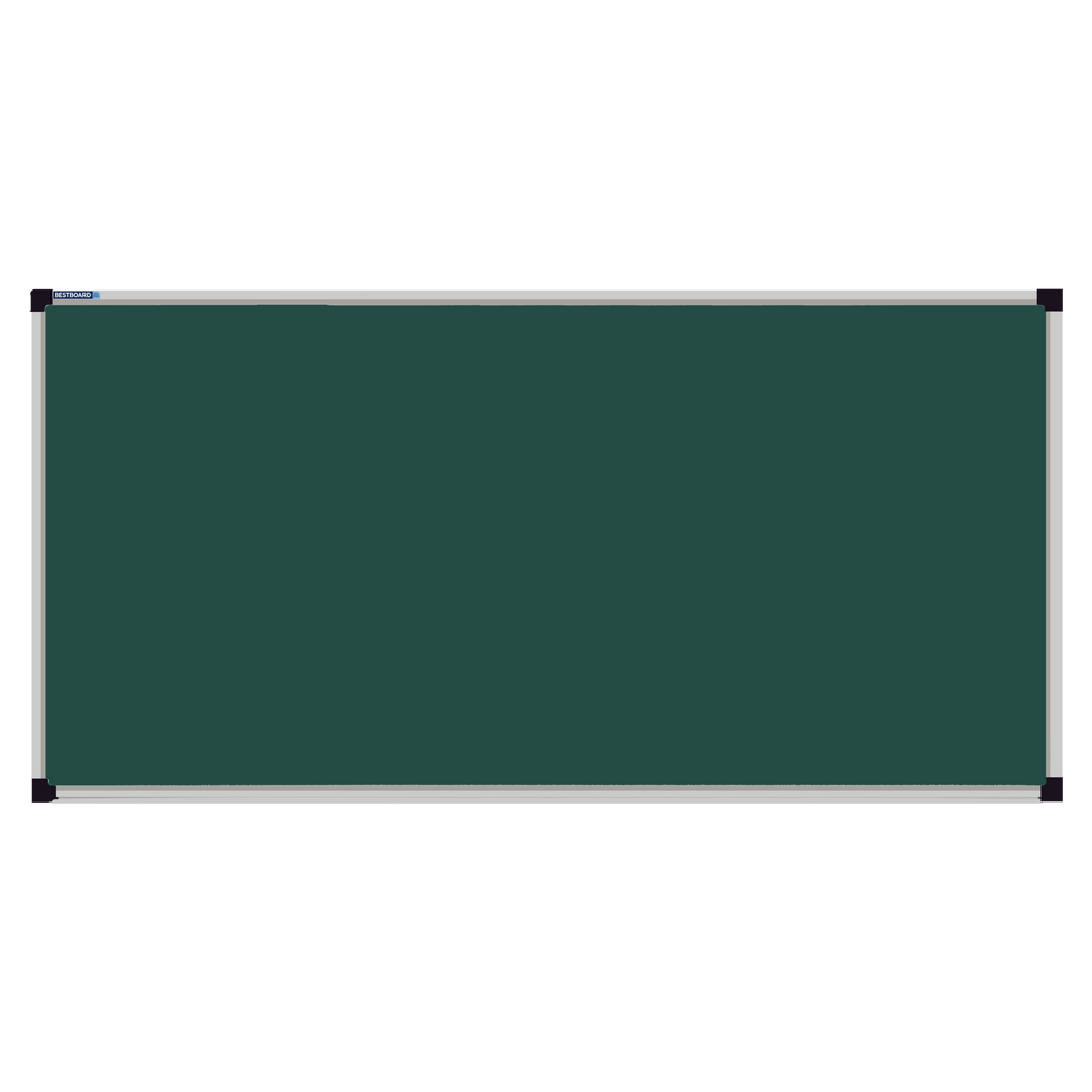 This image shows a rectangular green chalkboard with a silver frame. The corners of the frame are reinforced with black plastic. The chalkboard has a tray at the bottom for holding chalk and erasers.