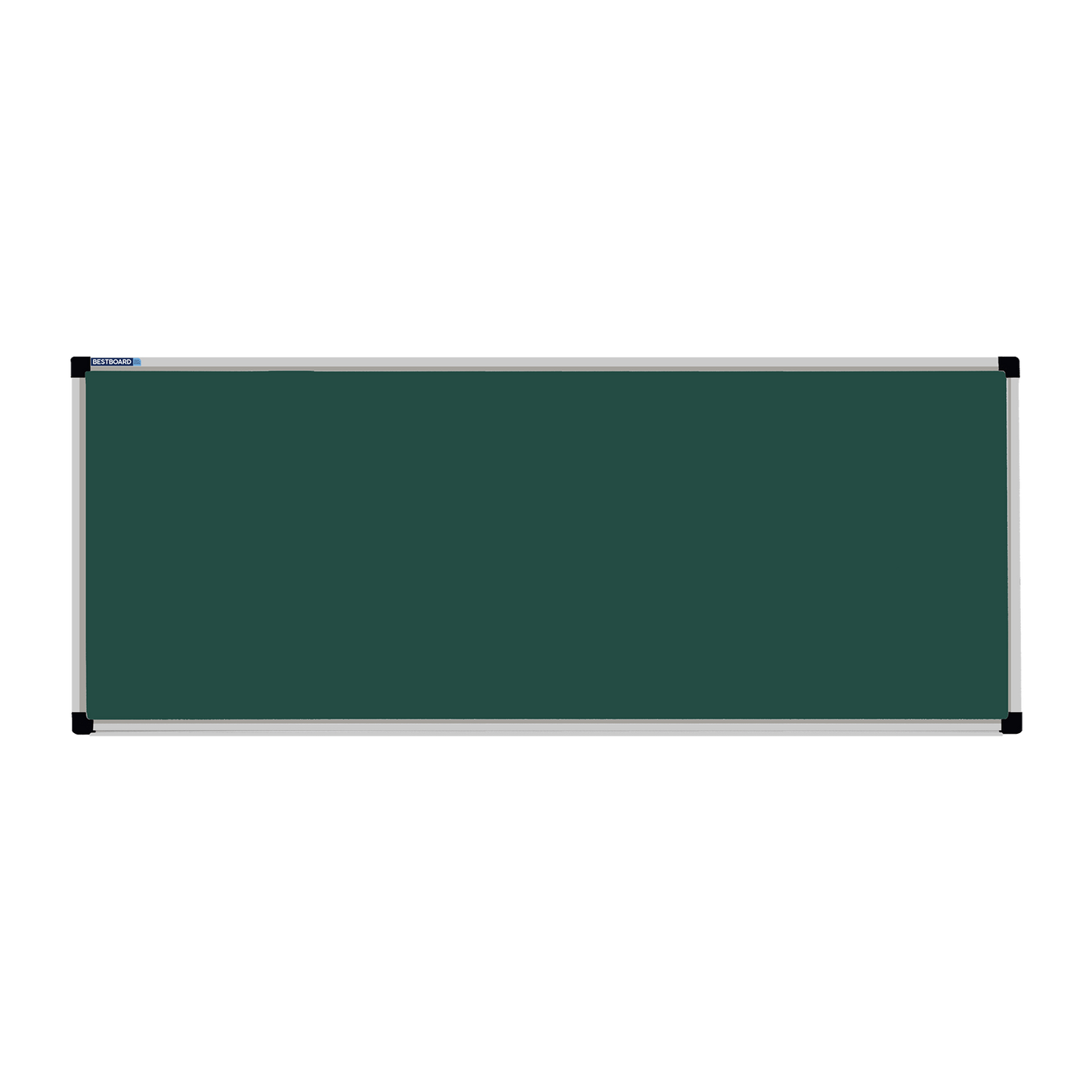 This image shows a rectangular green chalkboard with a silver frame. The corners of the frame are reinforced with black plastic. The chalkboard has a tray at the bottom for holding chalk and erasers.