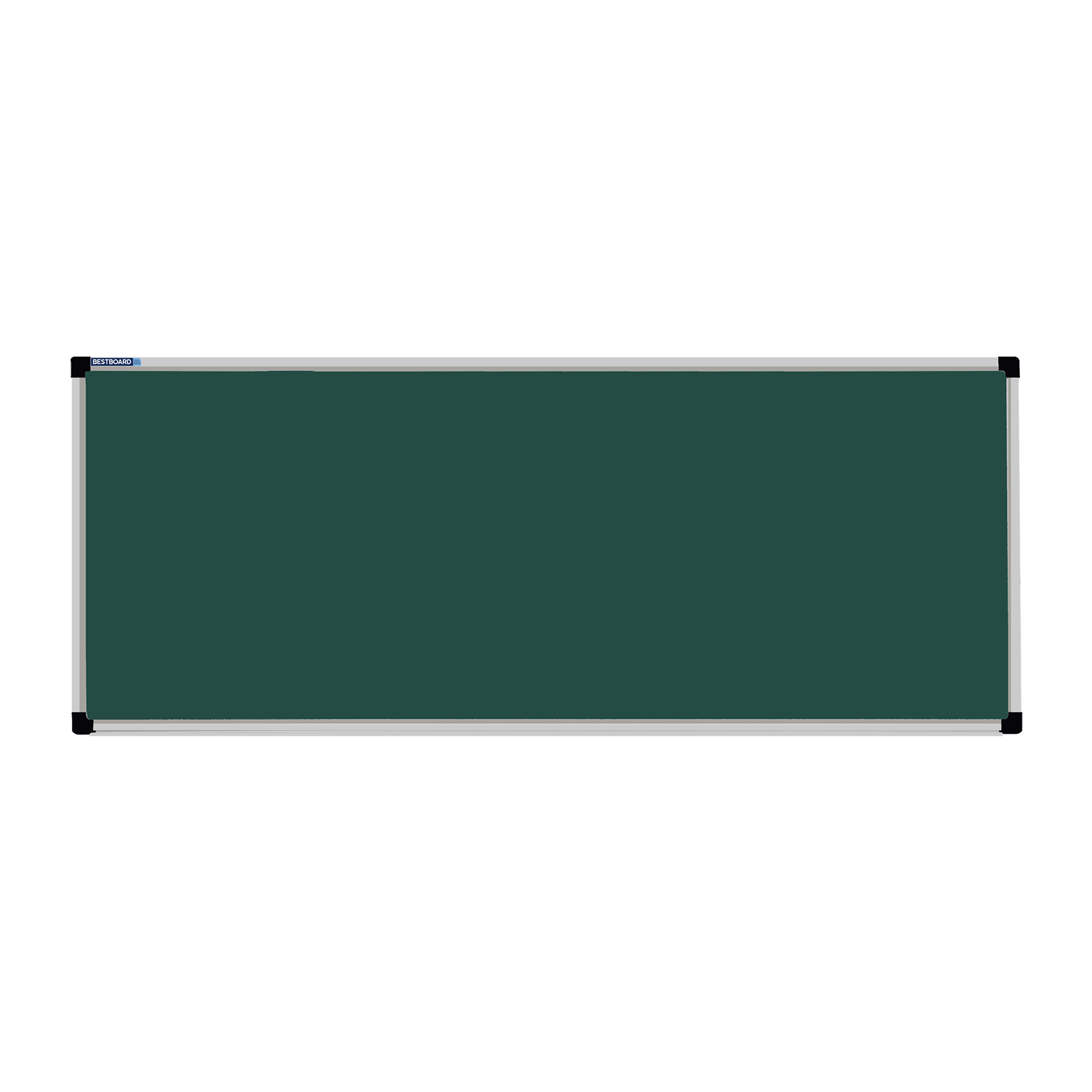 This image shows a rectangular green chalkboard with a silver frame. The corners of the frame are reinforced with black plastic. The chalkboard has a tray at the bottom for holding chalk and erasers.