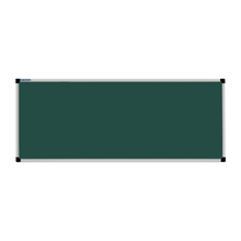 Load image into Gallery viewer, This image shows a rectangular green chalkboard with a silver frame. The corners of the frame are reinforced with black plastic. The chalkboard has a tray at the bottom for holding chalk and erasers.
