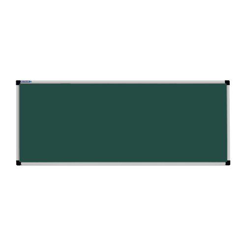 This image shows a rectangular green chalkboard with a silver frame. The corners of the frame are reinforced with black plastic. The chalkboard has a tray at the bottom for holding chalk and erasers.