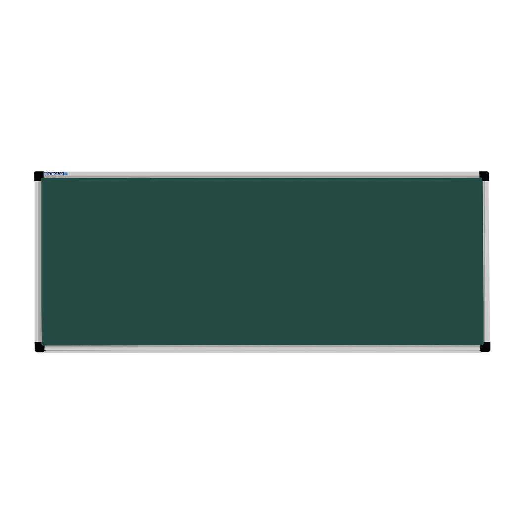 This image shows a rectangular green chalkboard with a silver frame. The corners of the frame are reinforced with black plastic. The chalkboard has a tray at the bottom for holding chalk and erasers.