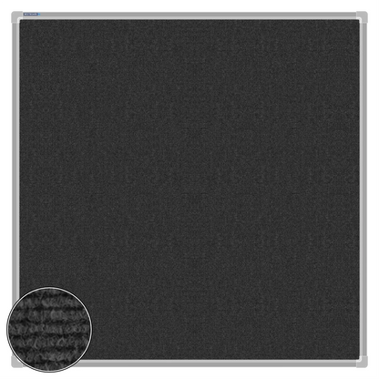 Charcoal carpet pin board, 1000mm x 1000mm, square with a silver aluminium frame and a close-up inset of the woven texture