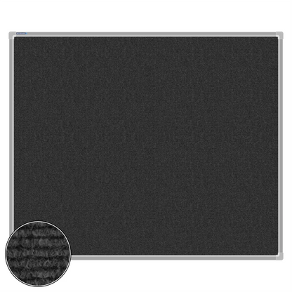 Charcoal carpet pin board, 1000mm x 1200mm, rectangular with a silver aluminium frame and a close-up inset of the woven texture