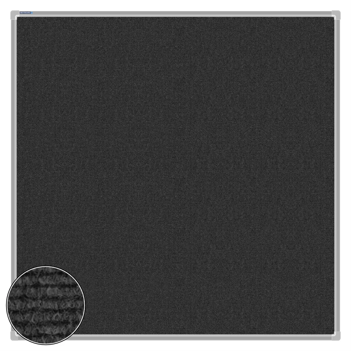 Charcoal carpet pin board, 1200mm x 1200mm, square with a silver aluminium frame and a close-up inset of the woven texture