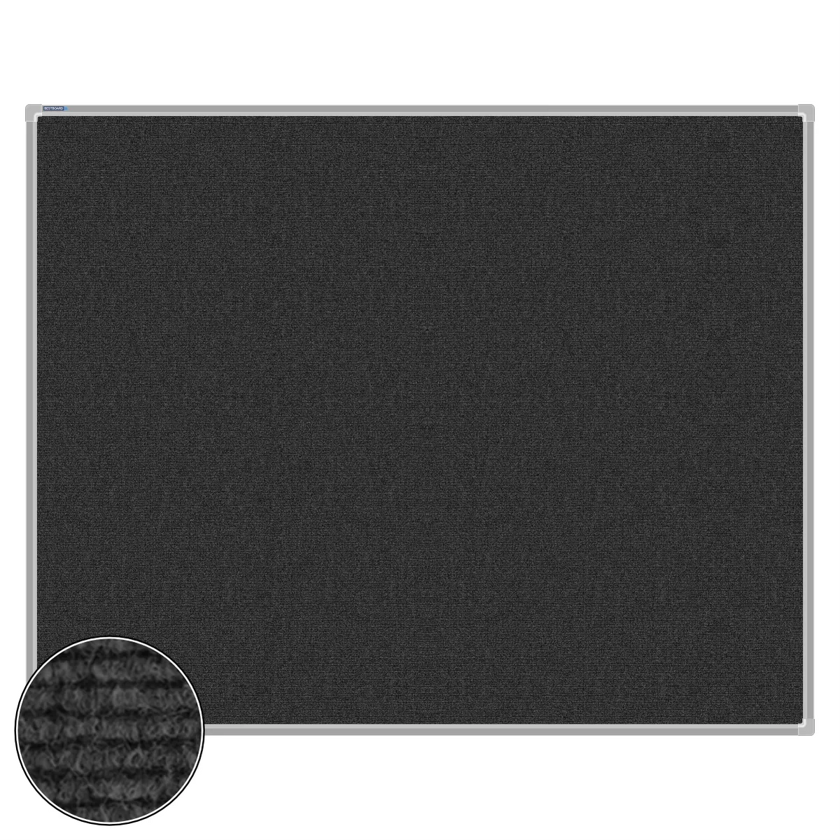 Charcoal carpet pin board, 1200mm x 1500mm, rectangular with a silver aluminium frame and a close-up inset of the woven texture