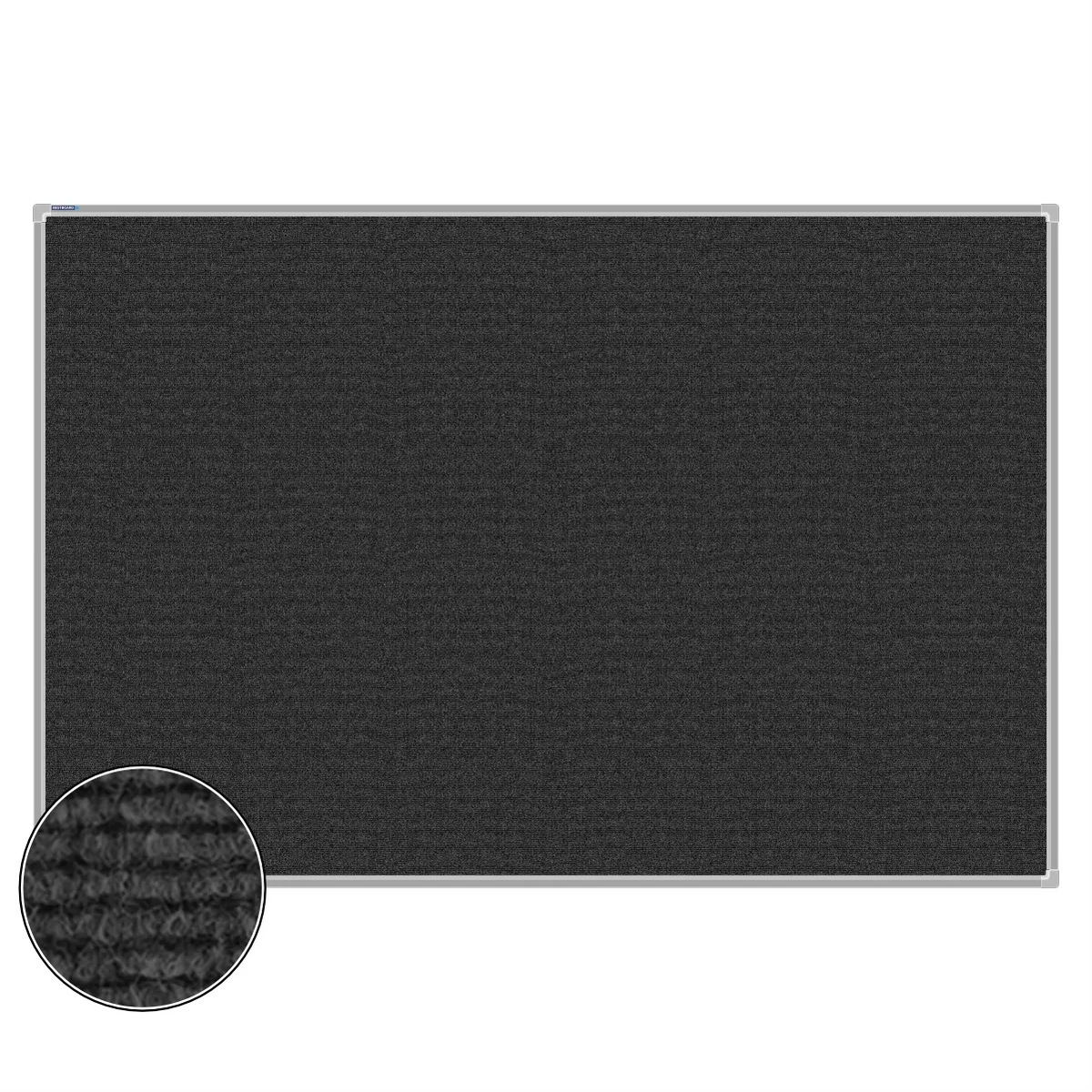Charcoal carpet pin board, 1200mm x 1800mm, rectangular with a silver aluminium frame and a close-up inset of the woven texture