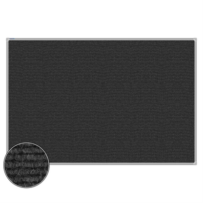 Charcoal carpet pin board, 1200mm x 1800mm, rectangular with a silver aluminium frame and a close-up inset of the woven texture