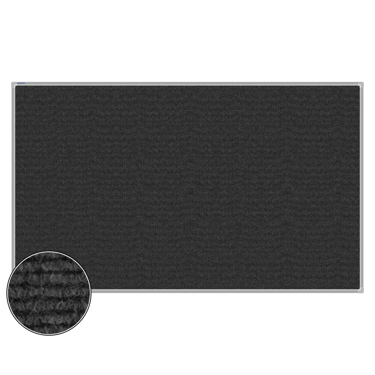 Charcoal carpet pin board, 1200mm x 2000mm, rectangular with a silver aluminium frame and a close-up inset of the woven texture