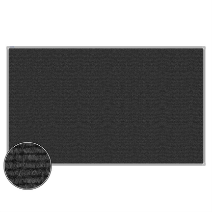 Charcoal carpet pin board, 1200mm x 2000mm, rectangular with a silver aluminium frame and a close-up inset of the woven texture